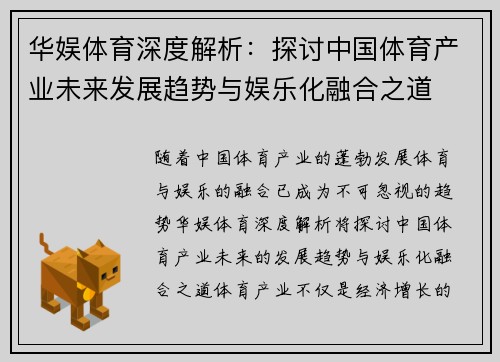 华娱体育深度解析：探讨中国体育产业未来发展趋势与娱乐化融合之道